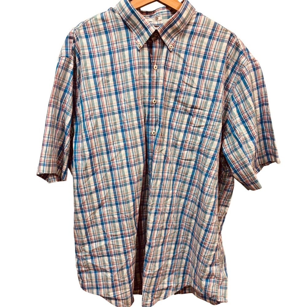 Peter Millar Mens XXL Short Sleeve Button‎ Down Shirt Blue Pink Plaid Cotton